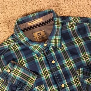 Cactus Handmade Large Pearl Snaps Blue Green Plaid Mens Shirt